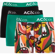 AC&Co / Altınyıldız Classics Erkek Siyah-Yeşil Desenli Pamuklu Esnek 3'lü Boxer Paketi