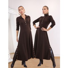 Qimya Butik Buketli Kadın Dik Yakası ve Iki Yanı Çıt Çıt Detaylı Çelik Örme Penye Triko Uzun Kollu Uzun Elbise