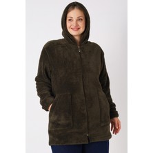 Intensive Collection Kadın Büyük Beden Kapüşonlu Fermuarlı Cepli Soft Peluş Sweatshirt