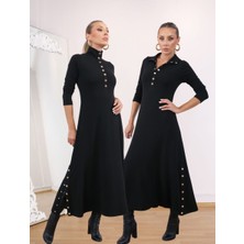 Qimya Butik Buketli Kadın Dik Yakası ve Iki Yanı Çıt Çıt Detaylı Çelik Örme Penye Triko Uzun Kollu Uzun Elbise