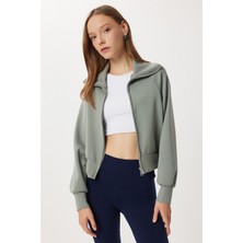 Happiness İstanbul Dik Yaka Fermuarlı Modal Sweatshirt LUB0308 Çağla Yeşili