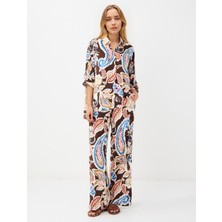 Jimmy Key Kahverengi Bol Paça Normal Bel Çiçek Desenli Dokuma Pantolon