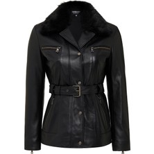 Derimod Edith Kadın Siyah Yaka Kürklü Deri Mont 25WGE56161M