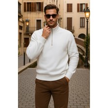 Damga Erkek Kışlık Polo Yaka Beyaz Fermuarlı Sweatshirt
