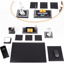 Ofistike Opta 10 Parça Şahlanan At Biblolu Siyah Deri Sümen Seti Takımı Gümüş Ofis Masa Isimliği Lüks Isimlik