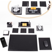 Ofistike Opta 10 Parça Kurt Biblolu Siyah Deri Sümen Seti Takımı Gümüş Kalem Ofis Masa Isimliği Lüks Isimlik