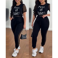 Ulak Handmader Kadın Kısa Kollu Bisiklet Yaka File Detaylı Viskon Iki Iplik Krop ve Eşofman Altı Ikili Takım