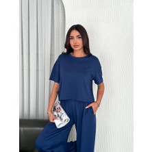 Ulak Handmader Osy Modal Yumuşak Dokulu Kumaş Bisiklet Yaka T-Shirt Bol Paça Pantalon Ikili Takım -Saks Mavi