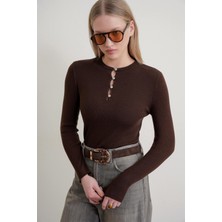 Mixray 6982 Kadın Britli Detaylı Yumuşak Basic Kazak Kahve