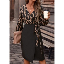 Ulak Handmader Kadın Uzun Kollu Kruvaze Yaka Dijital Baskılı Fiyonk Detay Atlas Kumaş Elbise