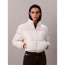 Calvin Klein Kadın Beyaz Puffer Mont Uzun Kol Düz Yaka Regular Fit Klasik Stil