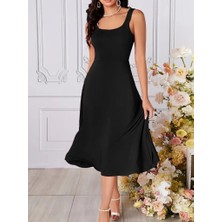 Ulak Handmader Kadın Askılı Geometrik Yakalı Geniş Kesim Detaylı Ithal Krep Elbise