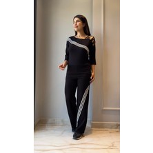Ulak Handmader Kadın Uzun Kollu Truvakar Kol Tek Omuz Çapraz Şerit Detaylı Ribanalı Viskon Iki Iplik Bluz ve Pantolon Ikili Takım