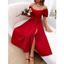 Ulak Handmader Kadın Kısa Kollu Kare Yakalı Yırtmaçlı Midi Janjan Krep Elbise