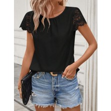 Ulak Handmader Kadın Kısa Dantel Kollu Bisiklet Yaka Sandy Bluz