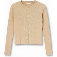 Mixray 6931 Kadın Düğmeli Fitilli Triko Hırka Camel