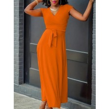 Ulak Handmader Kadın Kısa Kollu V Yakalı Belden Kuşaklı Maksi Boy Viskon Elbise