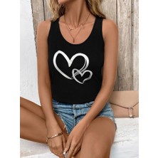 Ulak Handmader Kadın Askılı Yuvarlak Yaka Kalp Baskılı Viskon Bluz