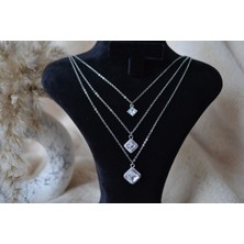 Tuel 3'lü Kare Çelik Zirkon Taşlı Kolye