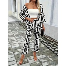 Ulak Handmader Kadın Uzun Kollu Önü Açık Desenli Iki Iplik Ceket ve Pantolon Ikili Takım