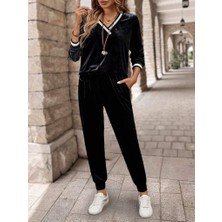 Ulak Handmader Kadın Uzun Kollu V Yaka Kadife Bluz ve Pantolon Ikili Takım