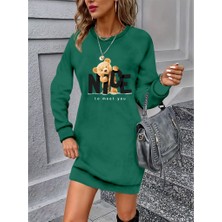 Ulak Handmader Kadın Uzun Kollu Bisiklet Yaka Ayı Desenli Viskon Iki Iplik Elbise