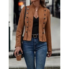 Ulak Handmader Kadın Uzun Kollu Hakim Yaka Yanlardan Düğmeli Kısa Süet Ceket