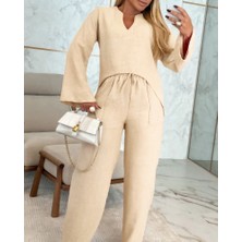 Ulak Handmader Kadın Uzun Kollu V Yakalı Keten Bluz Bağcıklı Pantolon Ikili Takım