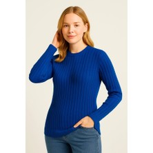 Ulak Handmader Bisiklet Yuvarlak Yaka Triko Kazak Pamuklu Kalın Fitilli Dokuma, Regular Fit Uzun Kollu Kışlık Model - Saks Mavisi