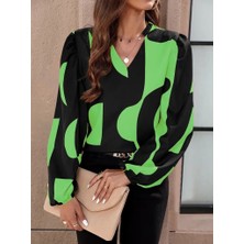 Ulak Handmader Kadın Uzun Kollu V Yakalı Desenli Modal Bluz