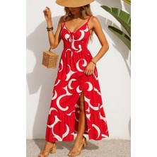 Ulak Handmader Kadın Ip Askılı Dekolteli Bağcıklı Yırtmaçlı Desenli Süprem Elbise