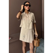 Ulak Handmader Gömlek Şort Etek Viscon Keten Takım 10162