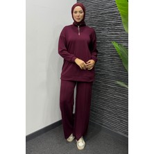 Tesettür Diyarı Yarım Fermuarlı Alt Üst Spor Tesettür Takım- Bordo
