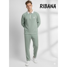 Ribana Classic Unısex Baskılı Cepli Beli Lastikli  Fermuarlı Gömlek Yaka Alt-Üst 2'li Takım