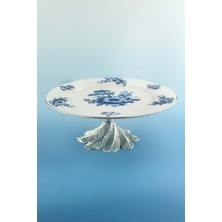 Bursa Porselen Dekor Blue Flowers Gümüş Metal Ayaklı Tabak