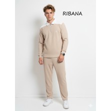 Ribana Classic Unısex Baskılı Cepli Beli Lastikli  Fermuarlı Gömlek Yaka Alt-Üst 2'li Takım