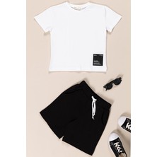 For You Kids Geniş Etiket Detaylı Erkek Çocuk T-Shirt Şort Takım | Siyah Beyaz
