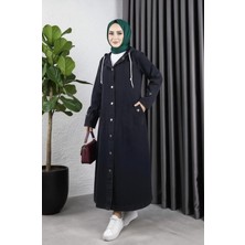 Harma Time Butik Kadın Cepli Düğmeli Kapüşonlu Denim Siyah Trençkot