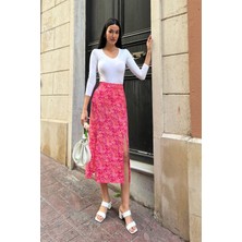 For You Moda Doğal Viskon Çift Yırtmaç Desenli Fuşya Etek