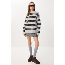 Happiness İstanbul Çizgili Yün Efektli Triko Kazak LMT0050 Gri Kahverengi