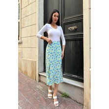 For You Moda Doğal Viskon Çift Yırtmaç Desenli Mavi Etek