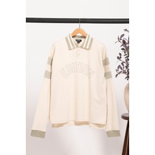 For You Man Oversize Rugby Polo Yaka Sweatshirt - Edition Baskılı | Ekru