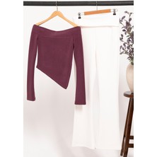 For You Moda Cupra Kumaş Bel Kıvrım Detaylı Kadın Alt Üst Takım | Bordo Krem