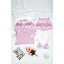 For You Sleepwear 3'lü Bustiyerli Çizgili Lila Pijama Şort Takım