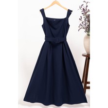 For You Moda Lacivert Askılı Kumaş Kemerli A Kesim Elbise | Kareyaka Şık Kadın Elbise