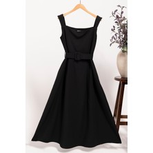 For You Moda Siyah Askılı Kumaş Kemerli A Kesim Elbise | Kareyaka Şık Kadın Elbise