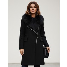 1Tarz Kadın Kaşe Kışlık Kürklü Siyah Kaban