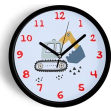 JHAAR İş Makinesi / Kepçe Arabası Tasarımlı Çocuk Odası Duvar Saati - 30cm - Önü Camlı Siyah Kasa