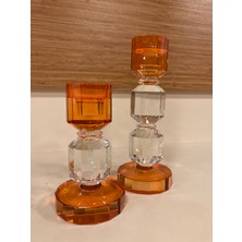 Plus Home Şamdan Mumluk 2'li Kristal Boğum Model Turuncu Renk Yükseklik 21-15 cm Çap 8 cm