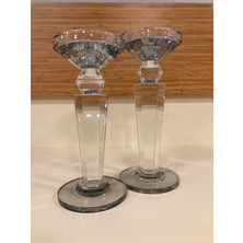 Plus Home Şamdan Mumluk 2'li Kristal Piramit Model Füme Renk Yükseklik 24 ve 22 cm Çap 10 cm